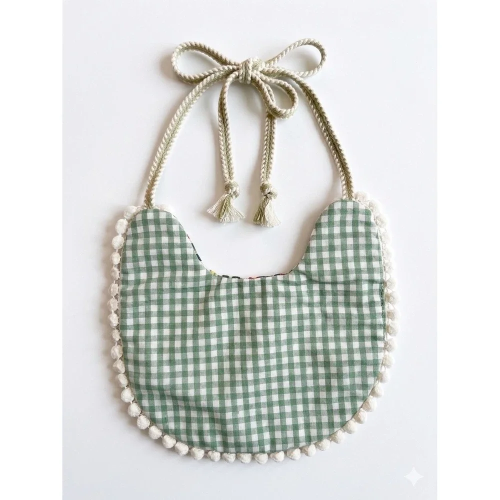Handmade Reversible Floral Gingham Baby‎ Bib Pom Pom Trim Green Multi Color